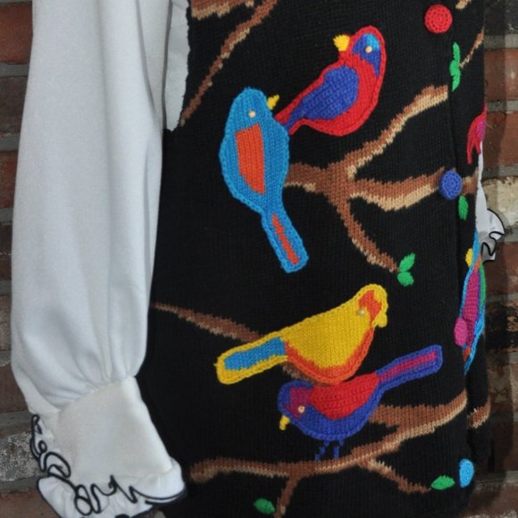 Vtg PBJ Sport BIRDS MultiColor Knit Button-Up Oversize Sweater Sleeveless Vest L - Picture 7 of 9